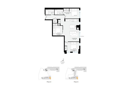 Floor plan for 3 beds, 2 baths, 951 sqft